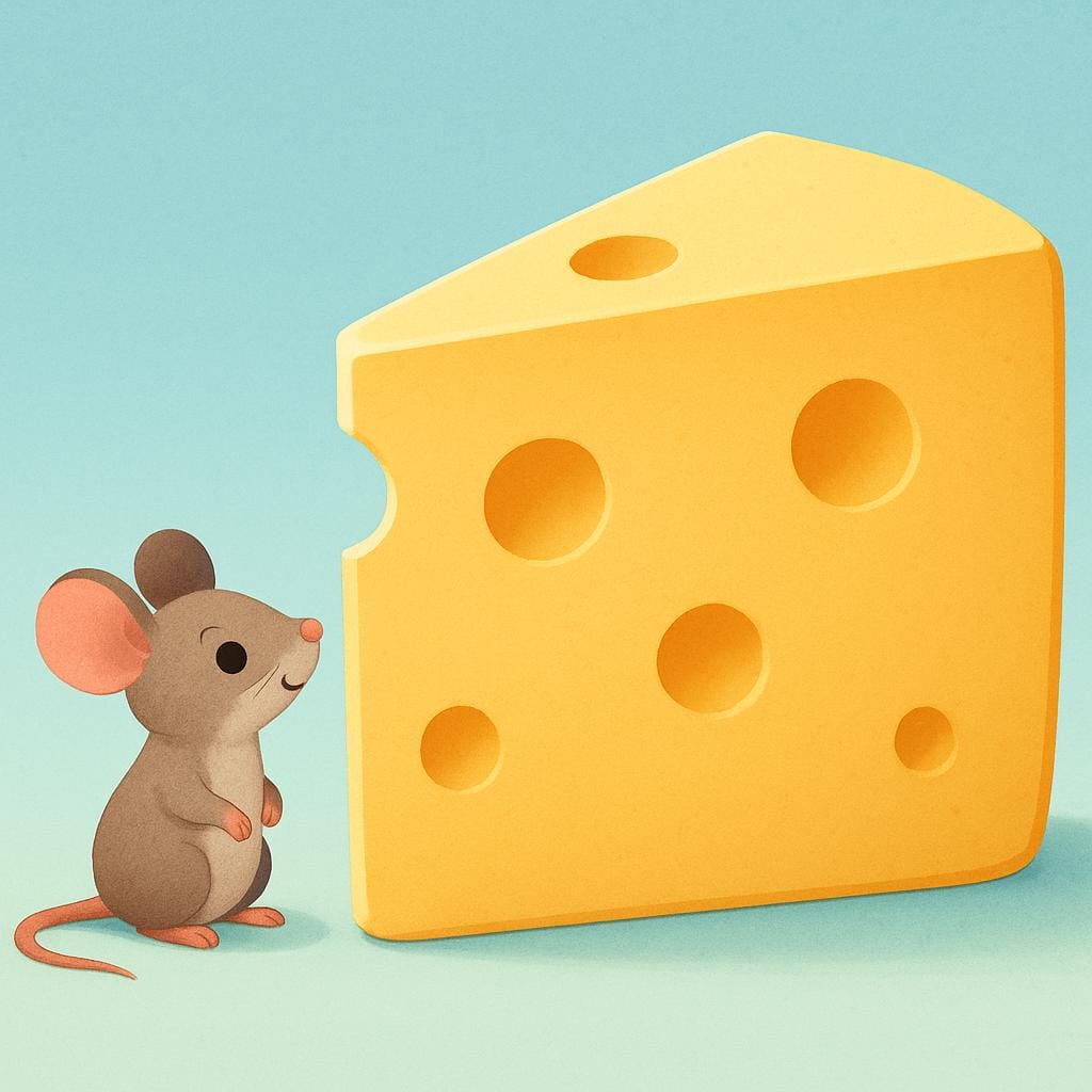 A tiny brown mouse looking up at an extremely large, massive wedge of yellow cheese, illustrating the concept of extreme size.