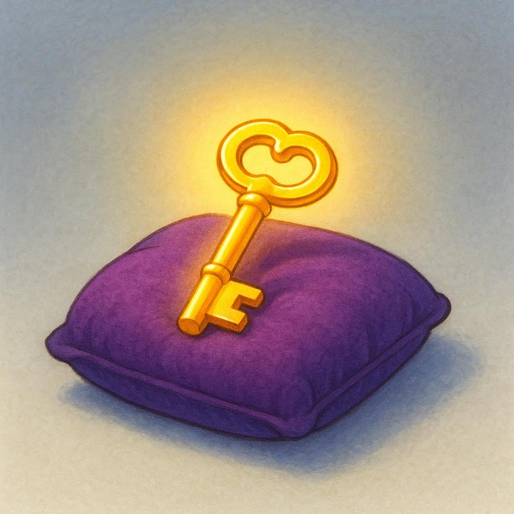A small, brightly glowing golden key resting on a small, purple velvet cushion, symbolizing its importance and value.