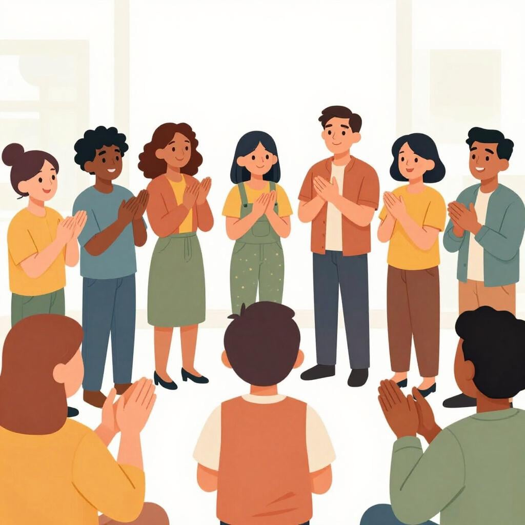 Um grupo de pessoas alegres aplaudindo e sorrindo para uma pessoa em pé num pequeno palco.