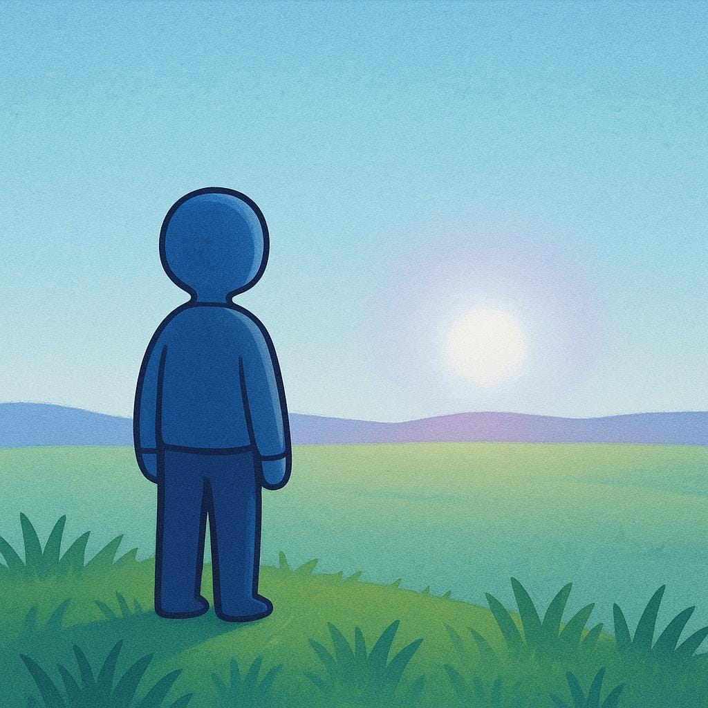 A simplified drawing of a solitary figure standing on a grassy foreground, looking across a wide, empty field toward a distant, glowing, undefined shape on the horizon.