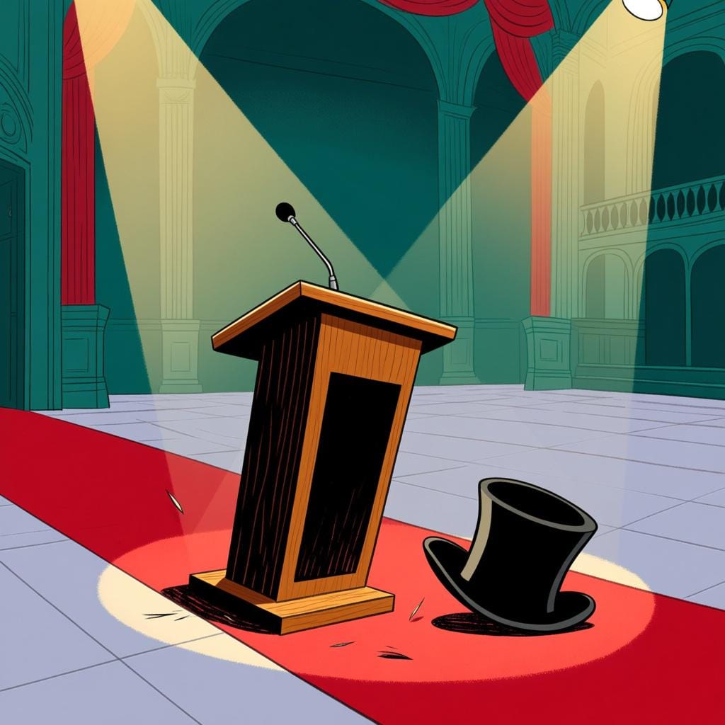 A high-quality, simple storybook illustration of an empty, spotlighted stage in a grand hall. A tall wooden podium is knocked slightly askew, and a single, pristine black top hat lies abandoned on the red carpet next to it, symbolizing the sudden, violent removal of a public figure.