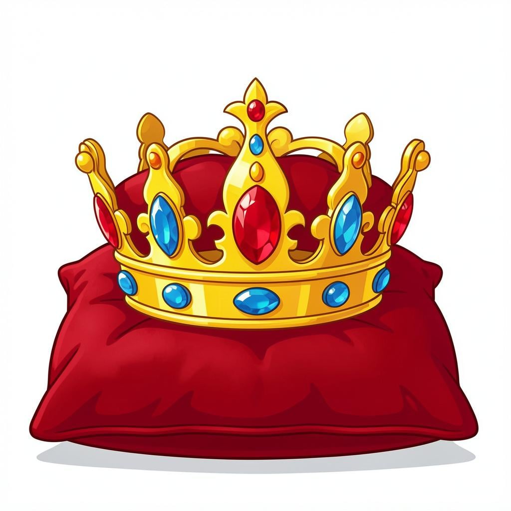 A sparkling gold crown with red and blue jewels sitting on a velvet cushion.