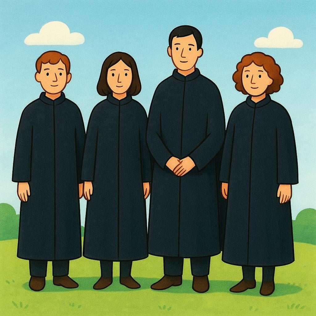An illustration of four figures wearing matching, simple dark cloaks standing formally in a line, representing a religious society or confraternity.