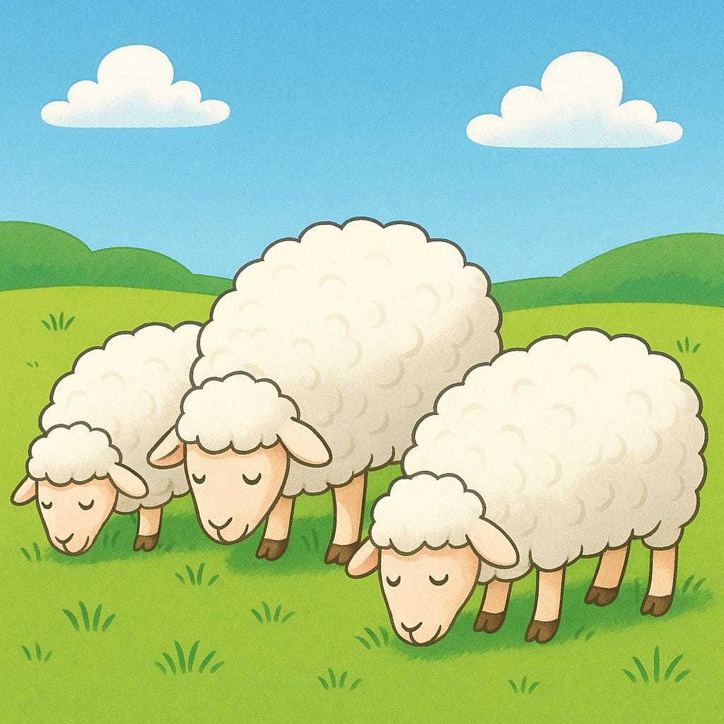 Três ovelhas brancas e fofas paradas juntas e pastando em um pasto verde claro sob um céu ensolarado.