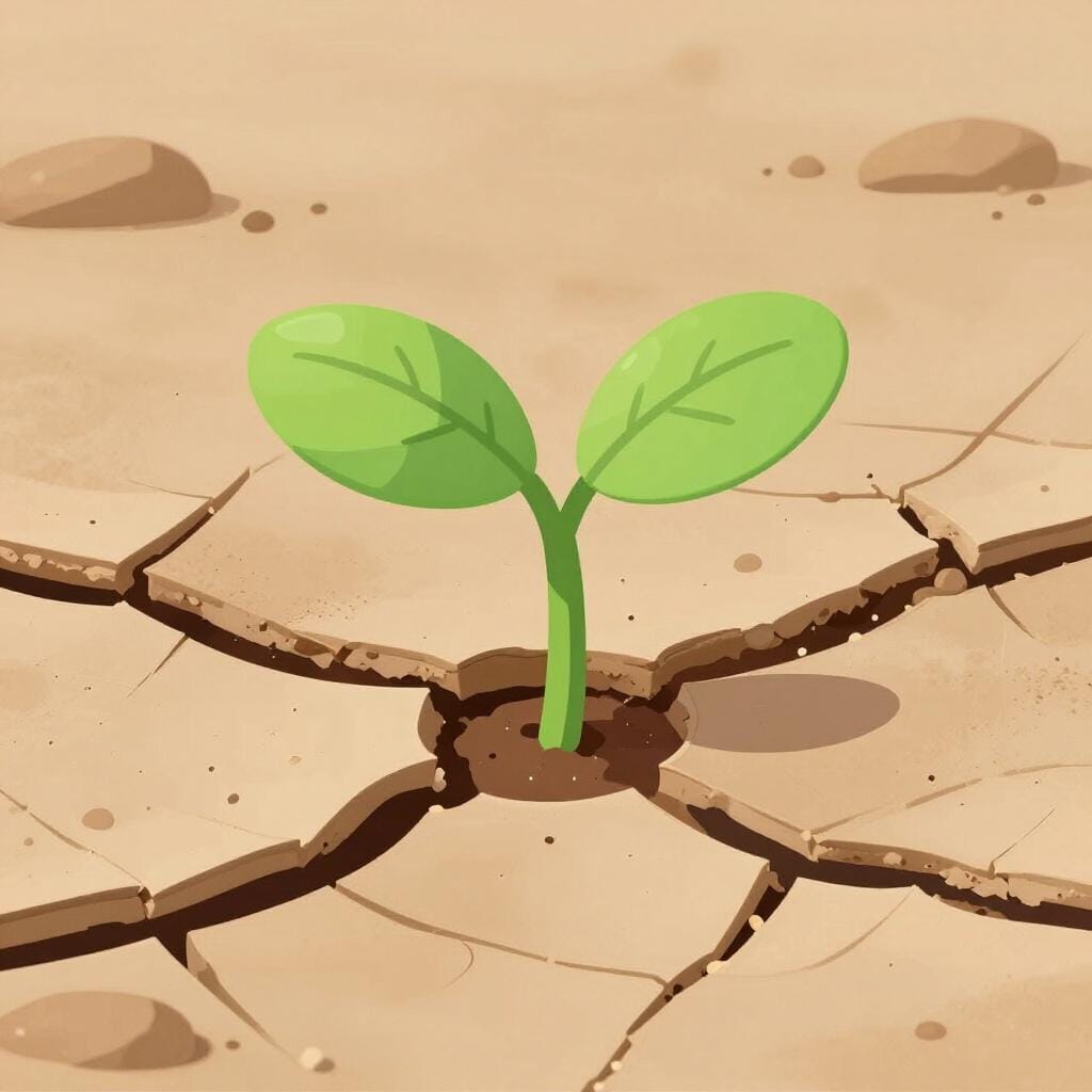 Een klein groen spruitje dat uit een barst in droge, dorre woestijngrond groeit.