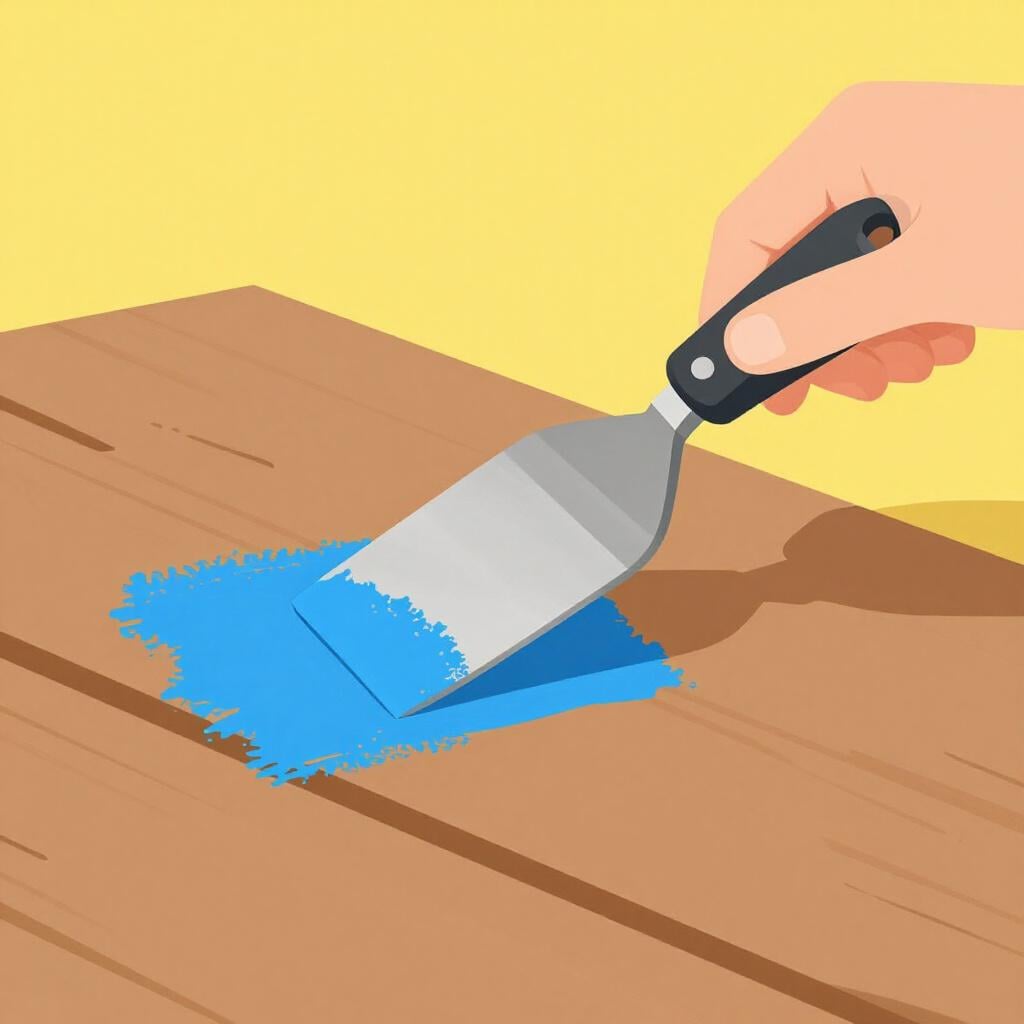 A hand using a small metal tool to scrape dried paint off a wooden table.