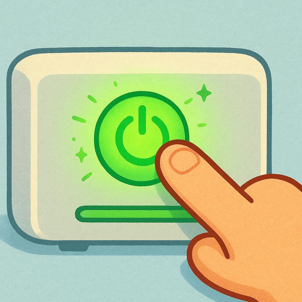 A finger pressing a prominent, glowing green power button on a simple black appliance, symbolizing activation.