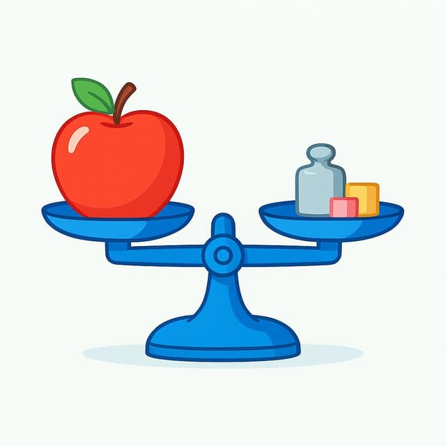 Una bilancia a piatti colorata con una grande mela rossa su un piatto, perfettamente bilanciata contro un peso nascosto sull'altro piatto.