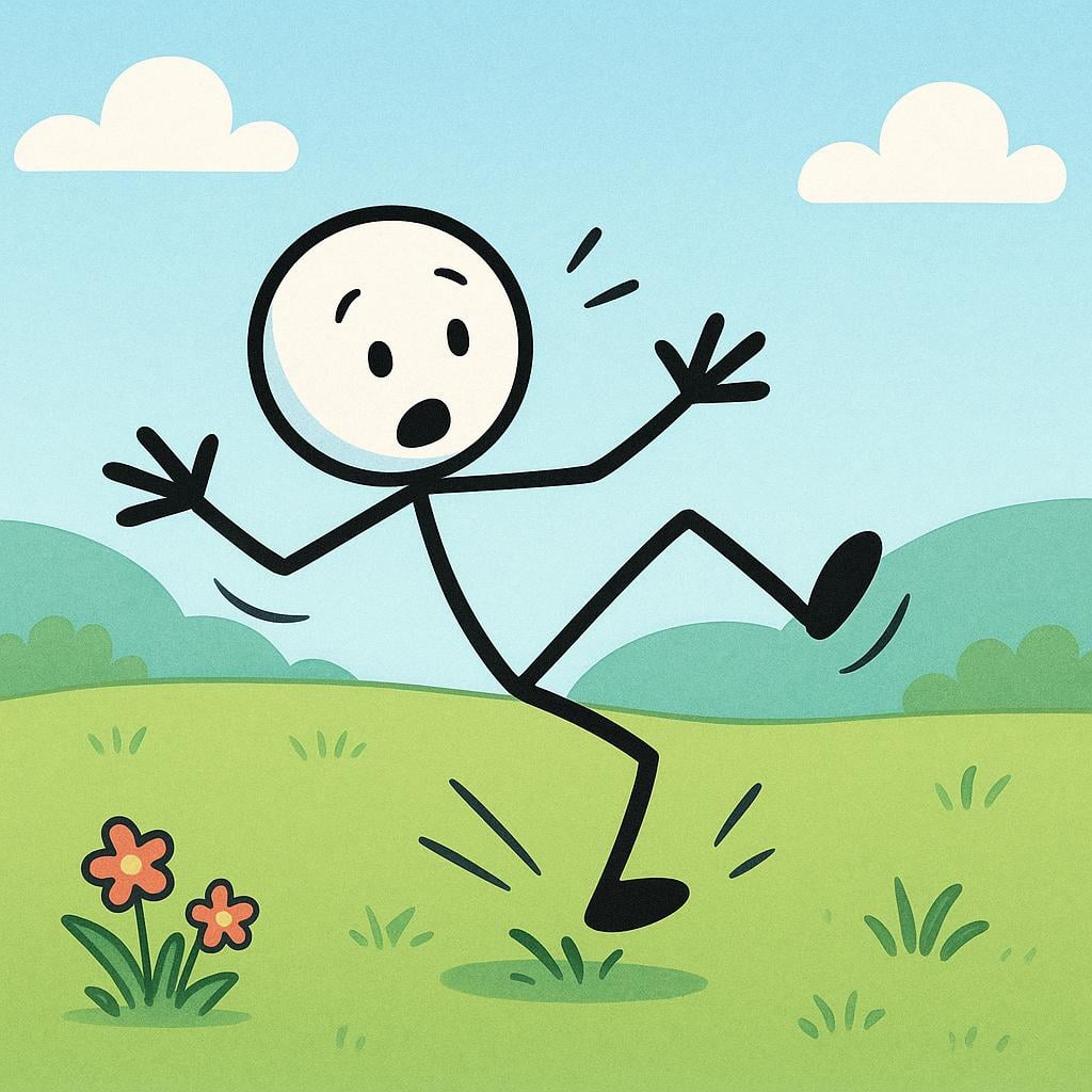 A simple cartoon figure is shown mid-fall, tumbling downwards after tripping over a small mound on the ground.