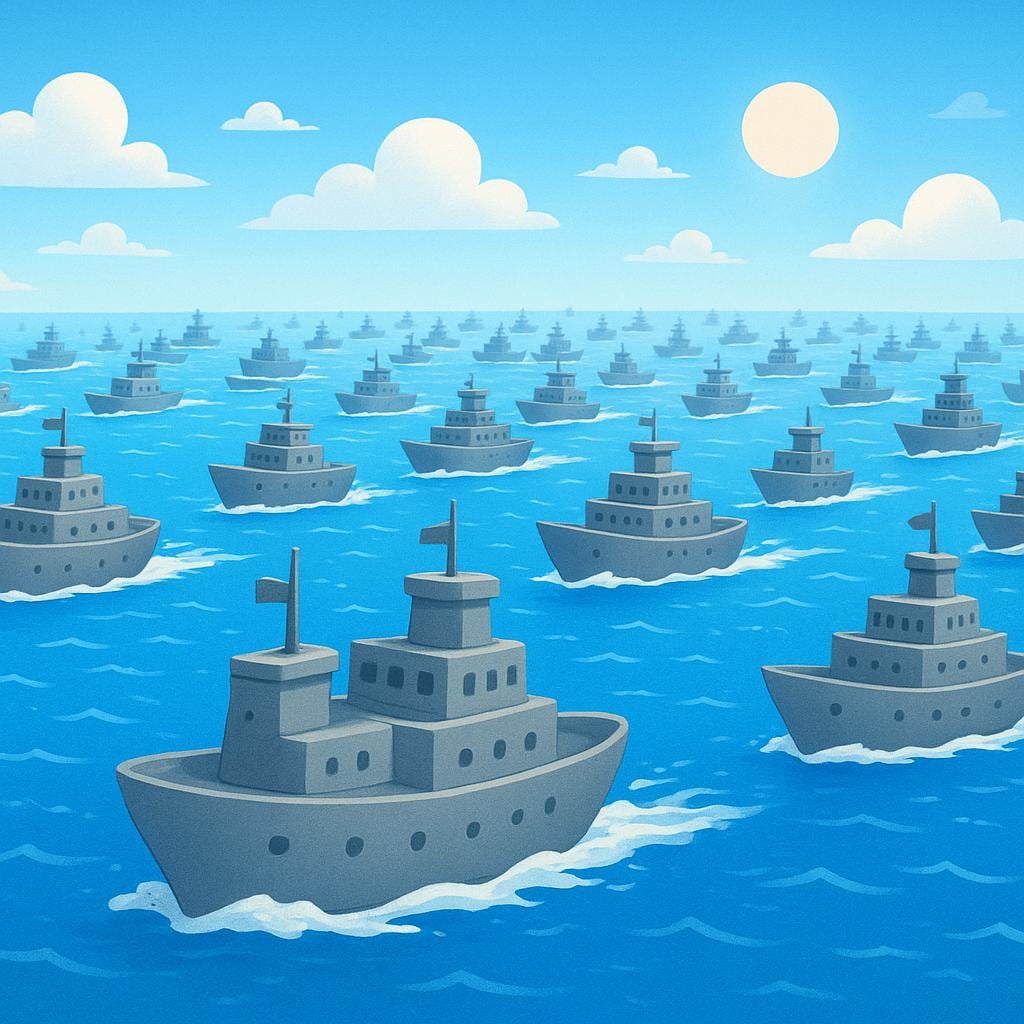 A simple illustration showing several large grey military ships sailing together in a tight formation across the blue ocean, representing a naval fleet.