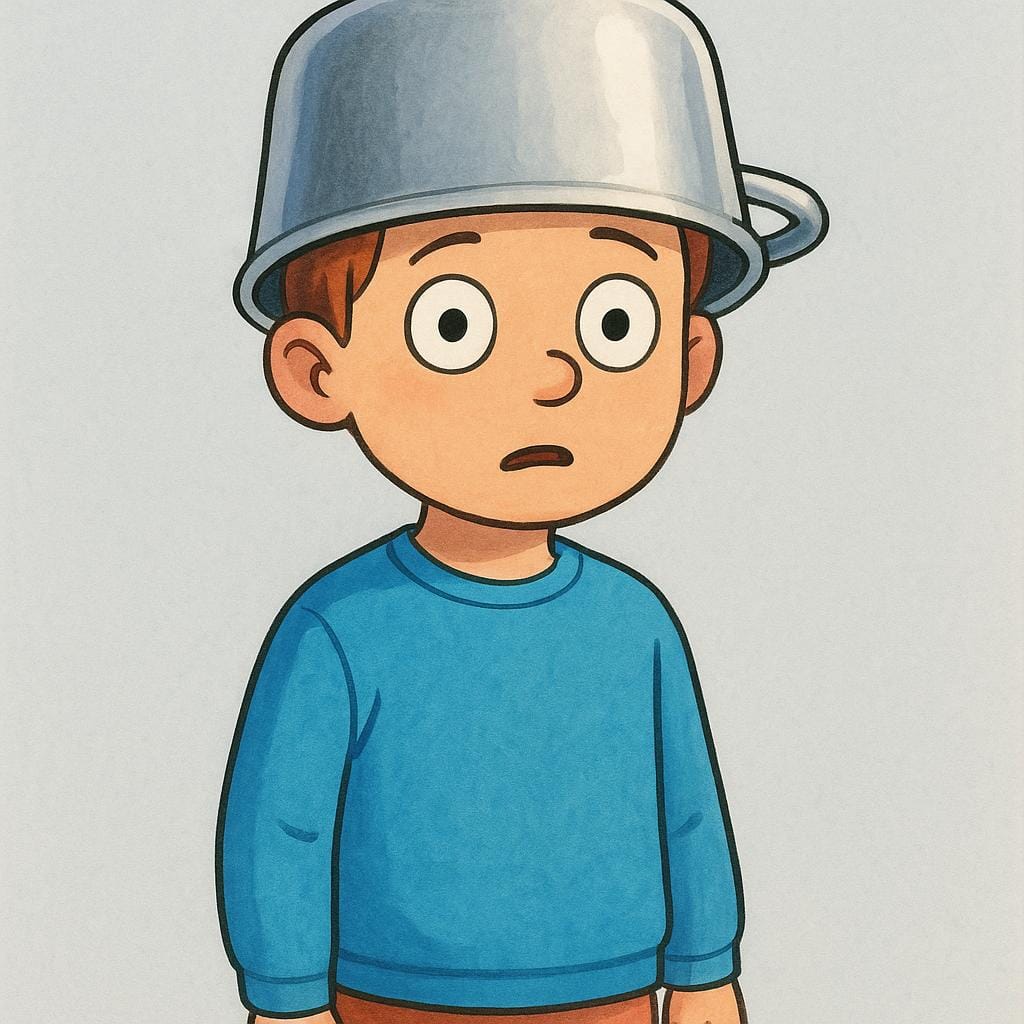 A person with a confused expression wearing a metal cooking pot upside down on their head like a hat.