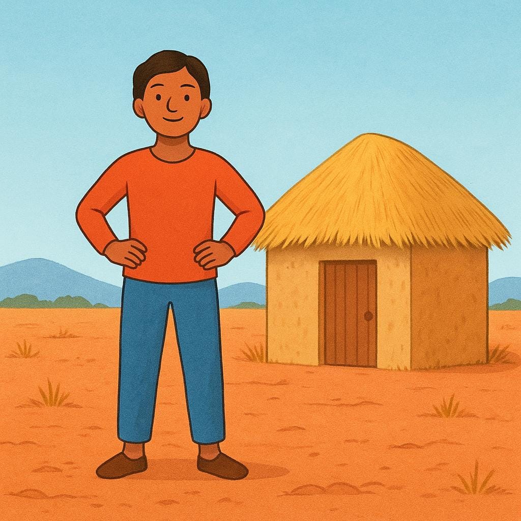 A person with dark hair, wearing simple clothing, standing confidently on reddish earth next to a small, traditional thatched-roof dwelling.