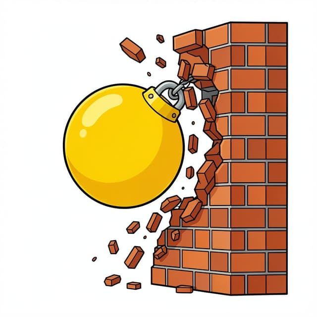 Une grande grue jaune avec une boule de démolition frappant un mur de briques, le faisant s'effondrer.