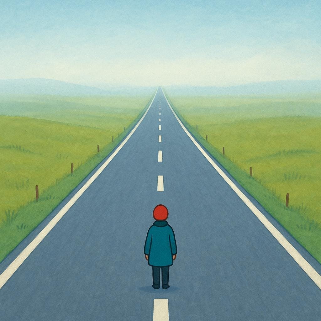 A small, solitary figure standing at the beginning of an extremely long, straight, empty road that stretches into a misty distance, emphasizing vast duration.