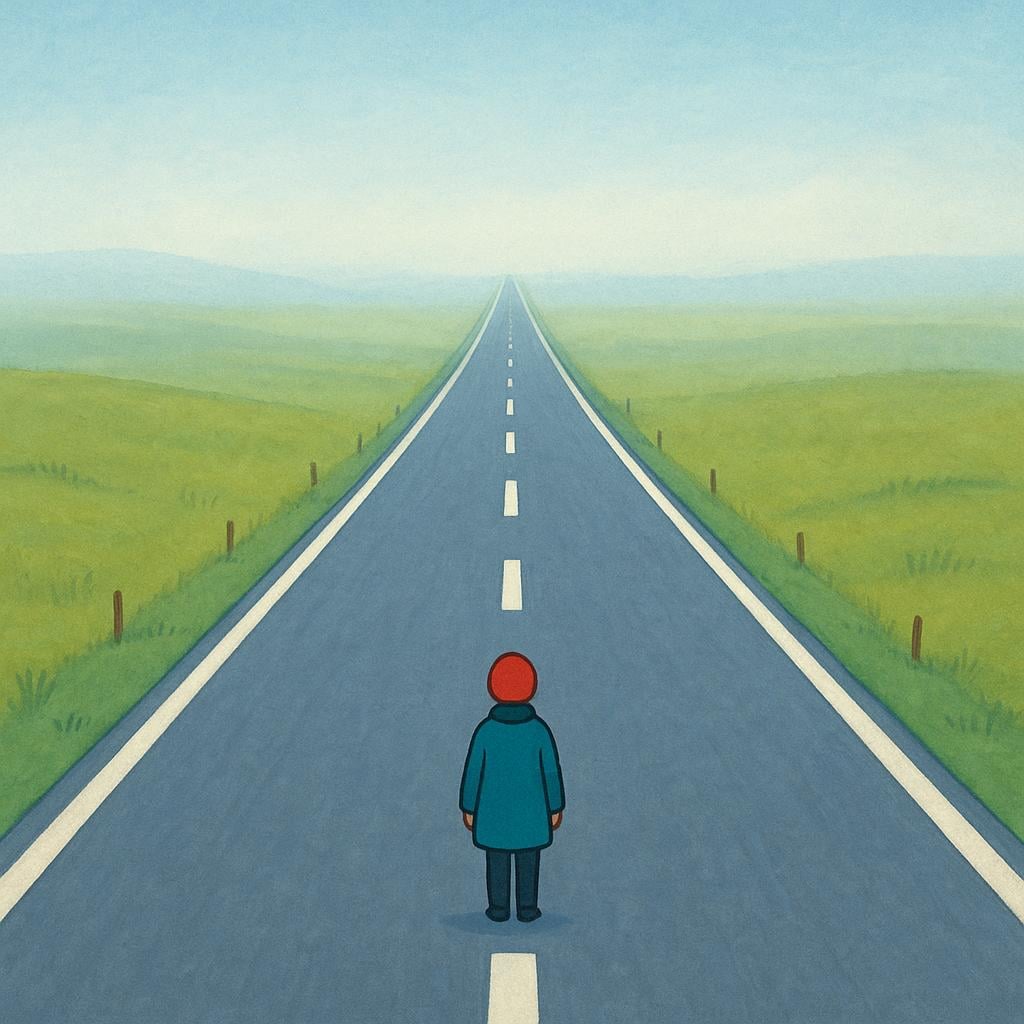 A small, solitary figure standing at the beginning of an extremely long, straight, empty road that stretches into a misty distance, emphasizing vast duration.