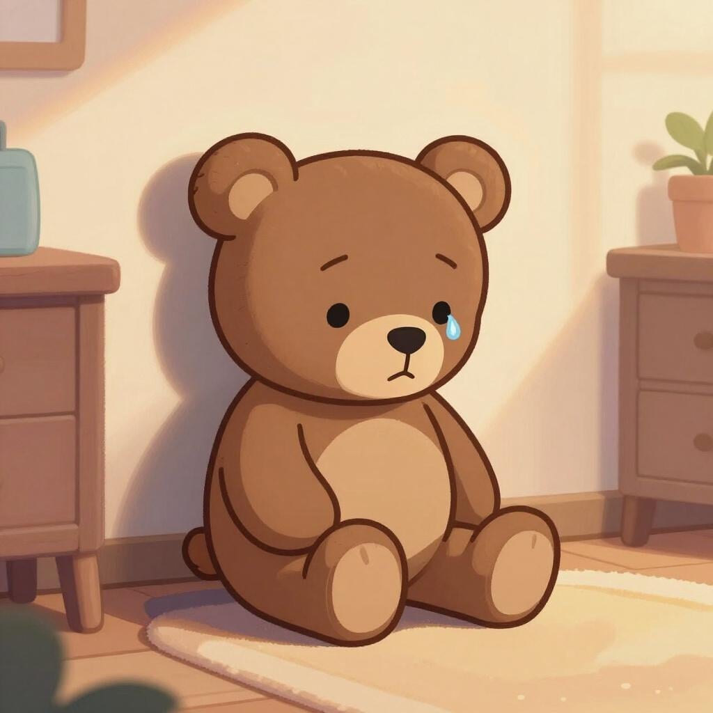 A small, sad teddy bear sitting alone on a wooden floor in a dimly lit room.