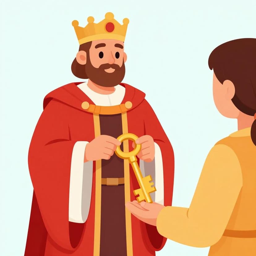 Een koning die een gloeiende gouden sleutel overhandigt aan een persoon die respectvol knielt.