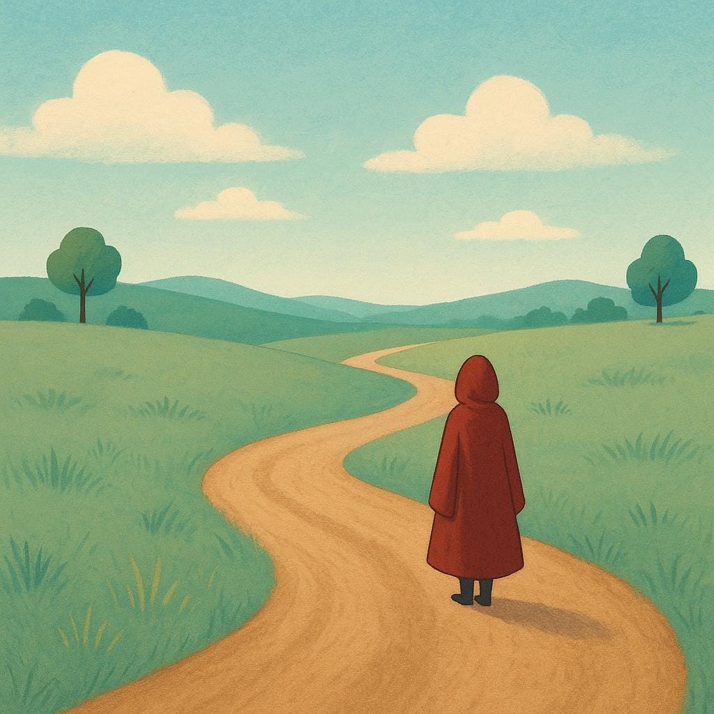シンプルでカラフルな絵本風のイラスト。曲がりくねった土の道に一人で立つ、シンプルなマントを着た女性が描かれており、見知らぬ人としての彼女の距離感と匿名性を強調している。