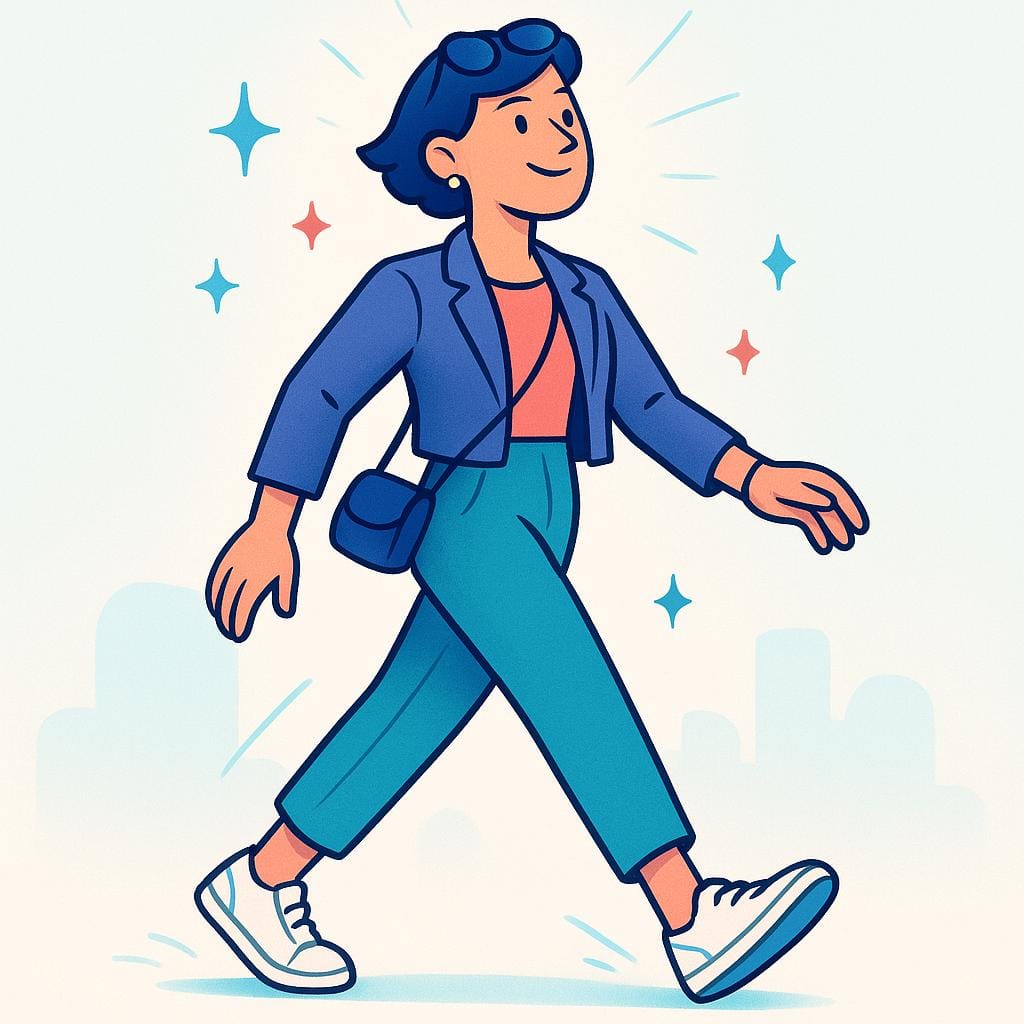 A highly stylized, confident cartoon figure wearing a modern, fashionable outfit, walking briskly while radiating sparkling confidence and style.