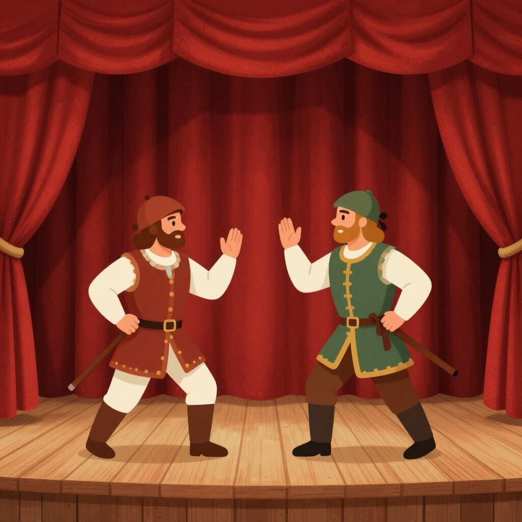 Two actors in colorful costumes performing on a wooden stage with a red velvet curtain.