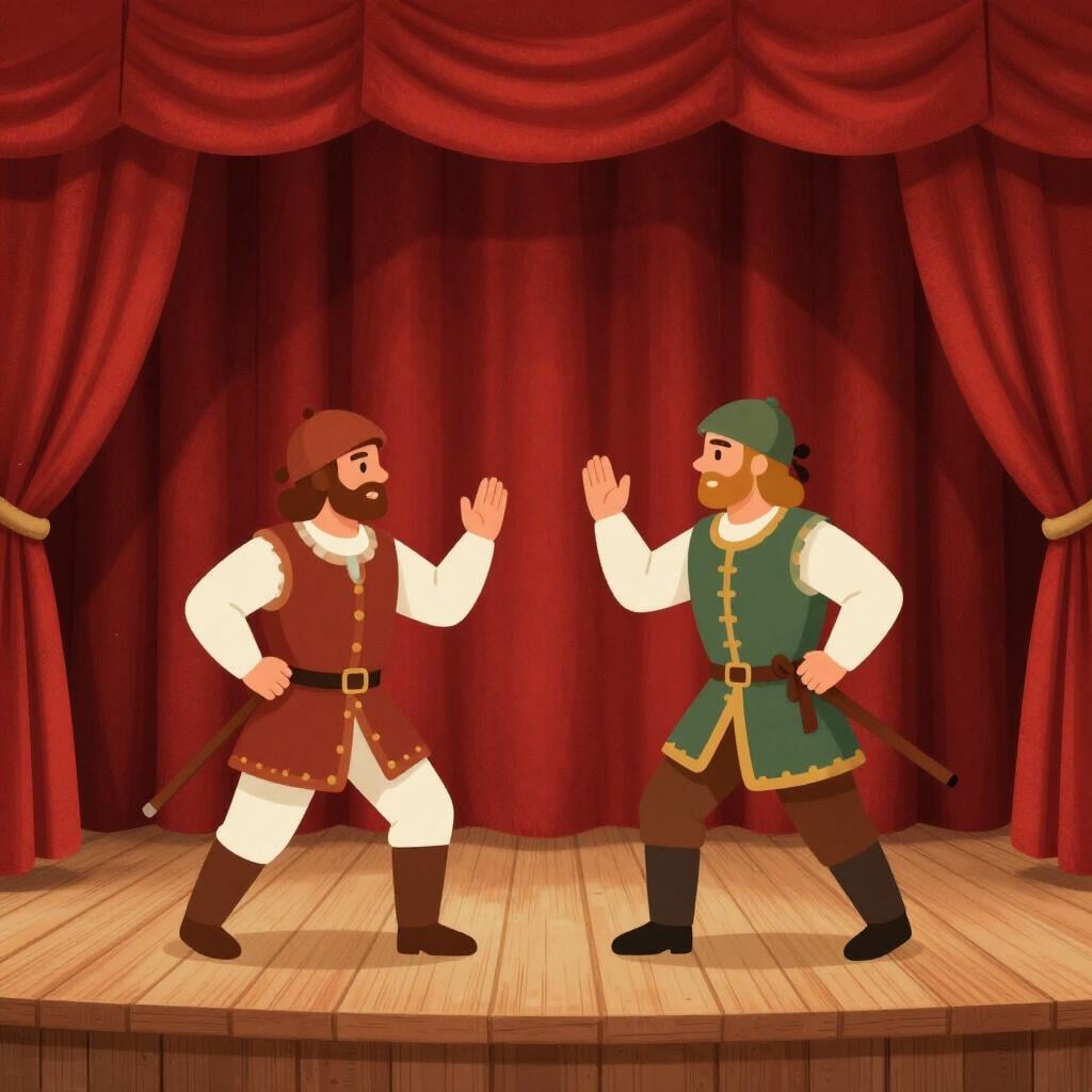 Two actors in colorful costumes performing on a wooden stage with a red velvet curtain.