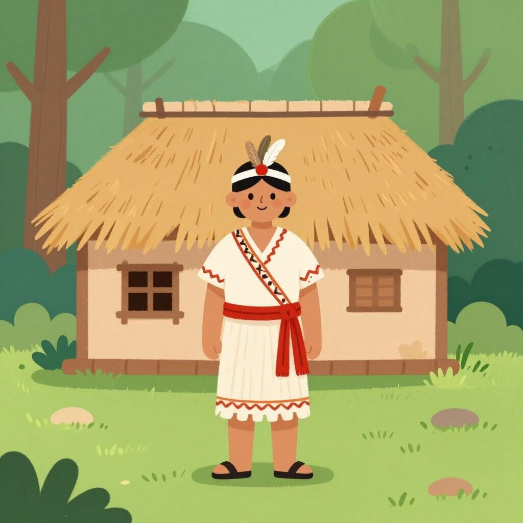 A person in traditional tribal clothing standing near a hand-built hut in a lush forest.
