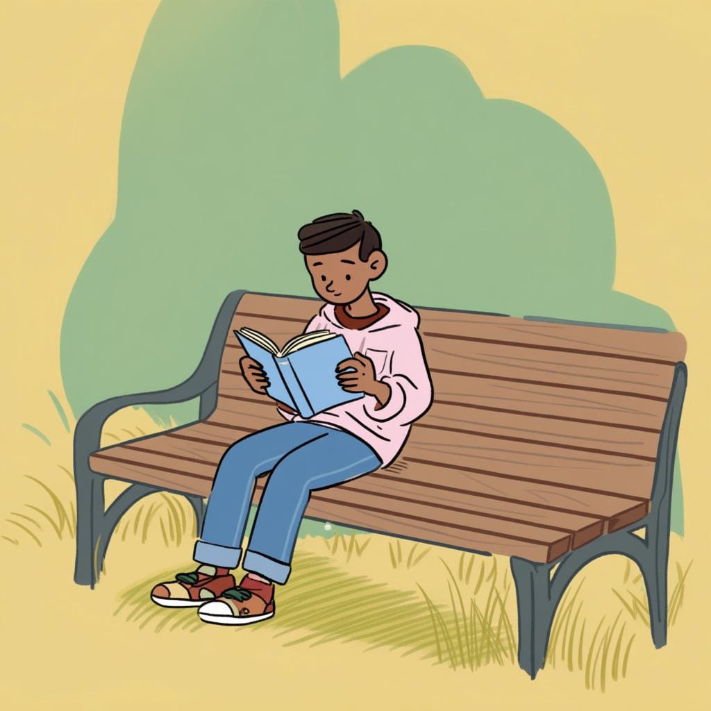 A young person, appearing to be a teenager, sitting on a park bench and reading a book.