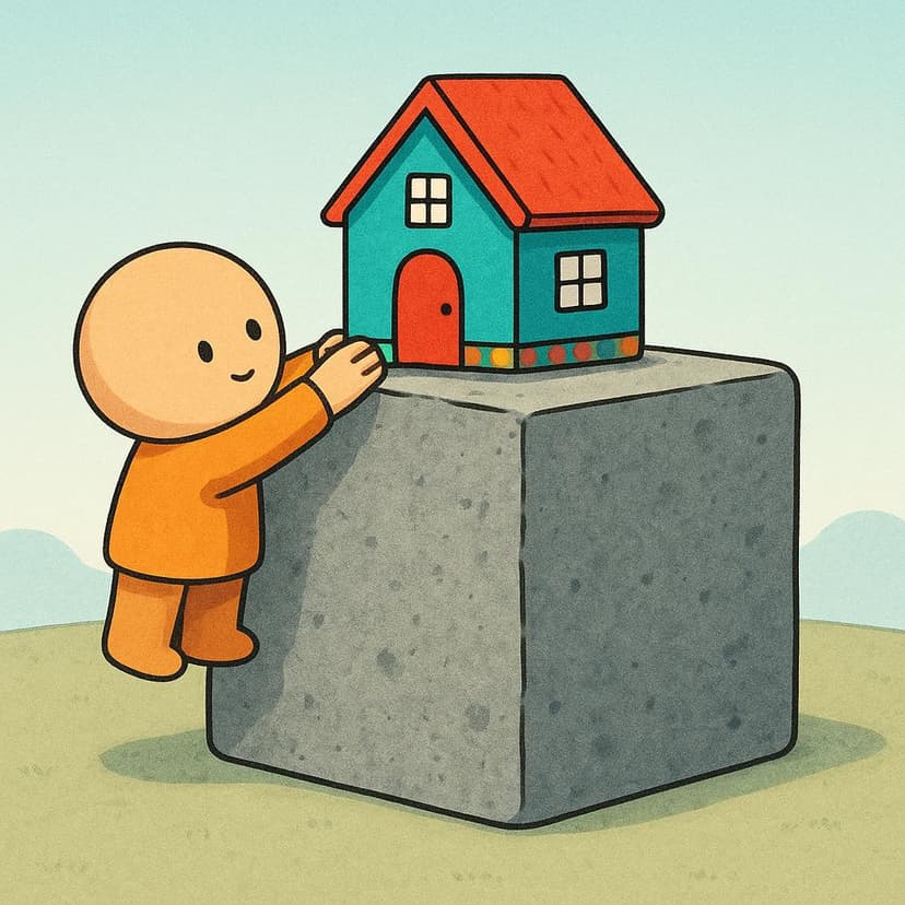 A cartoon character carefully placing a small, colorful structure onto a massive, unmoving stone cube, symbolizing founding an idea on a fact.