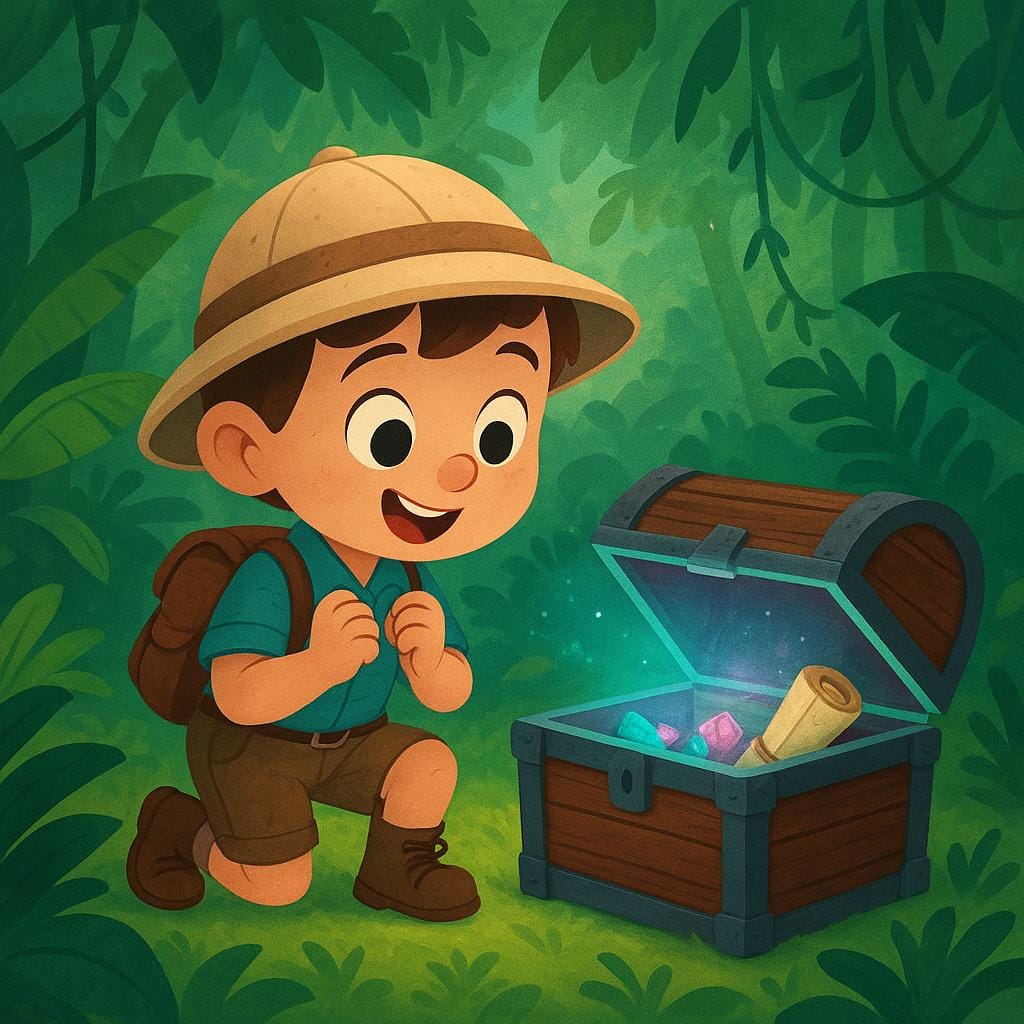 Um pequeno personagem explorador em uma selva verde exuberante, ajoelhado e olhando feliz para um baú de tesouro brilhante e aberto que ele acabou de descobrir, simbolizando descobrir ou encontrar informações.