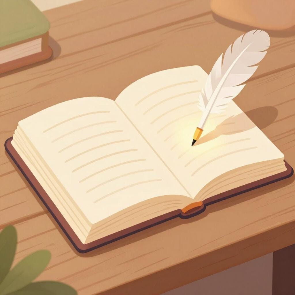 Un libro aperto con una penna d'oca appoggiata sopra, circondato da luce scintillante.