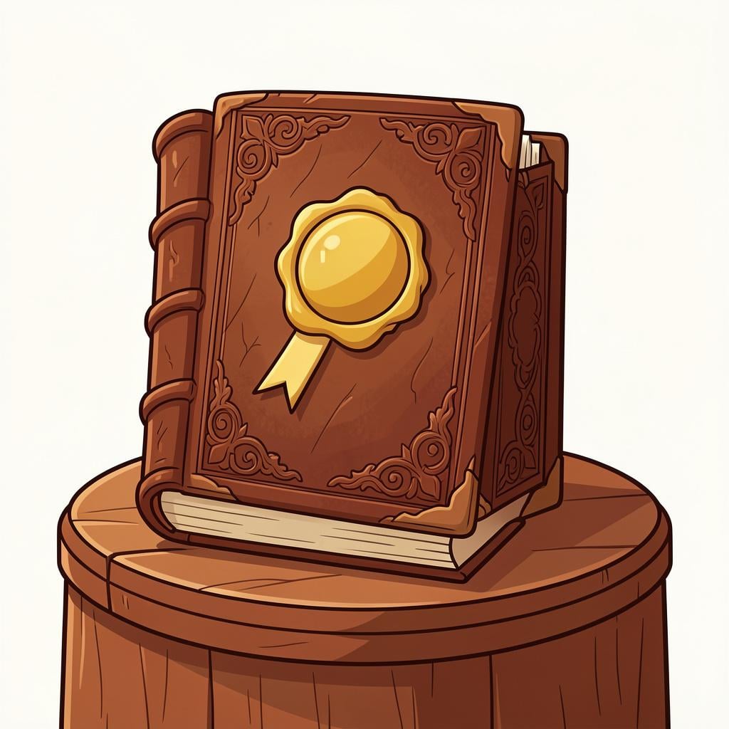 A thick, ornate book with a gold seal on a wooden podium.