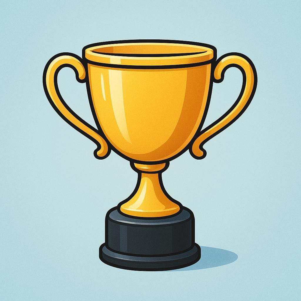 A brightly colored illustration showing a tall, ornate gold championship trophy on a dark pedestal.