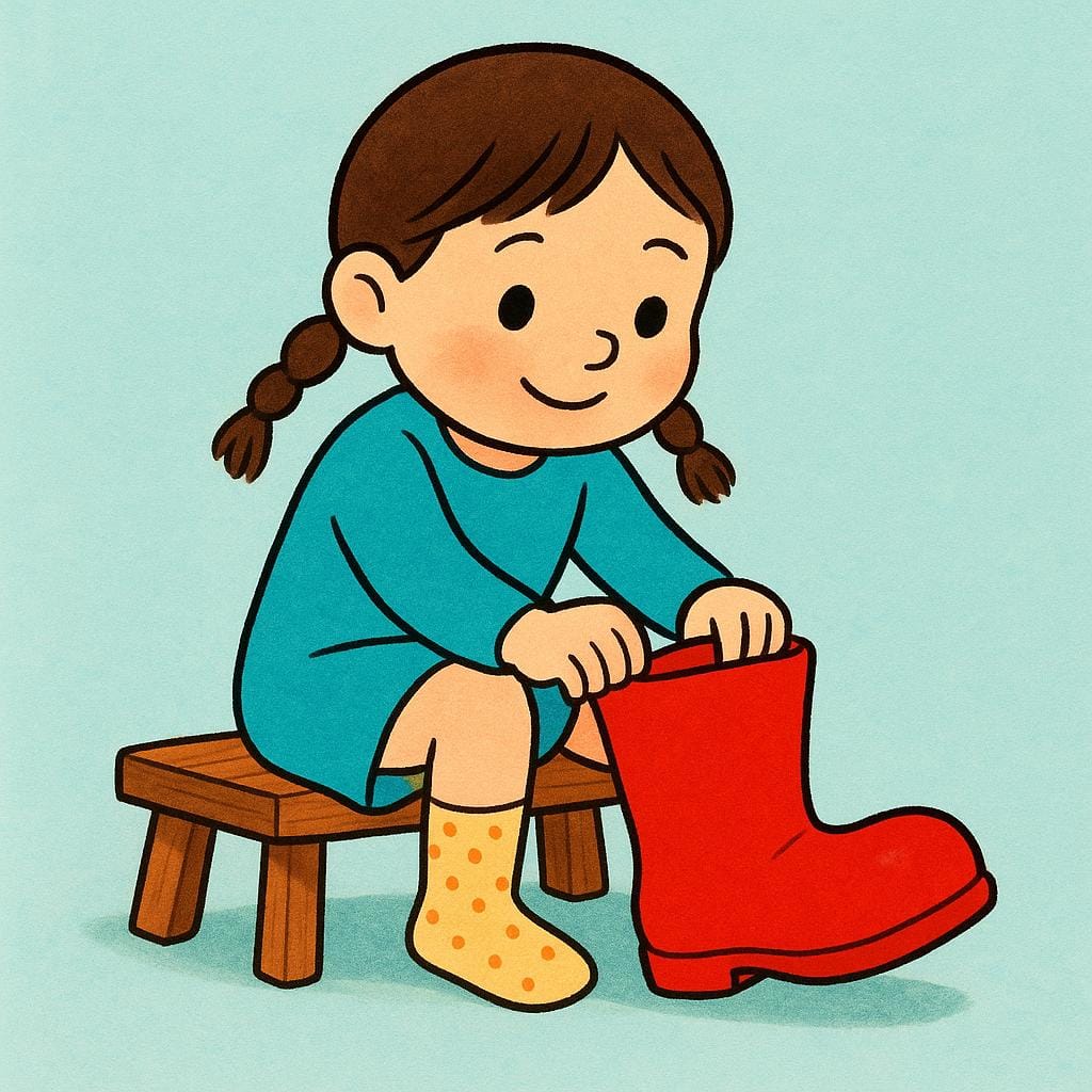 Een lachend meisje dat zit en een grote rode laars past, wat de daad van het passen van kleding illustreert.