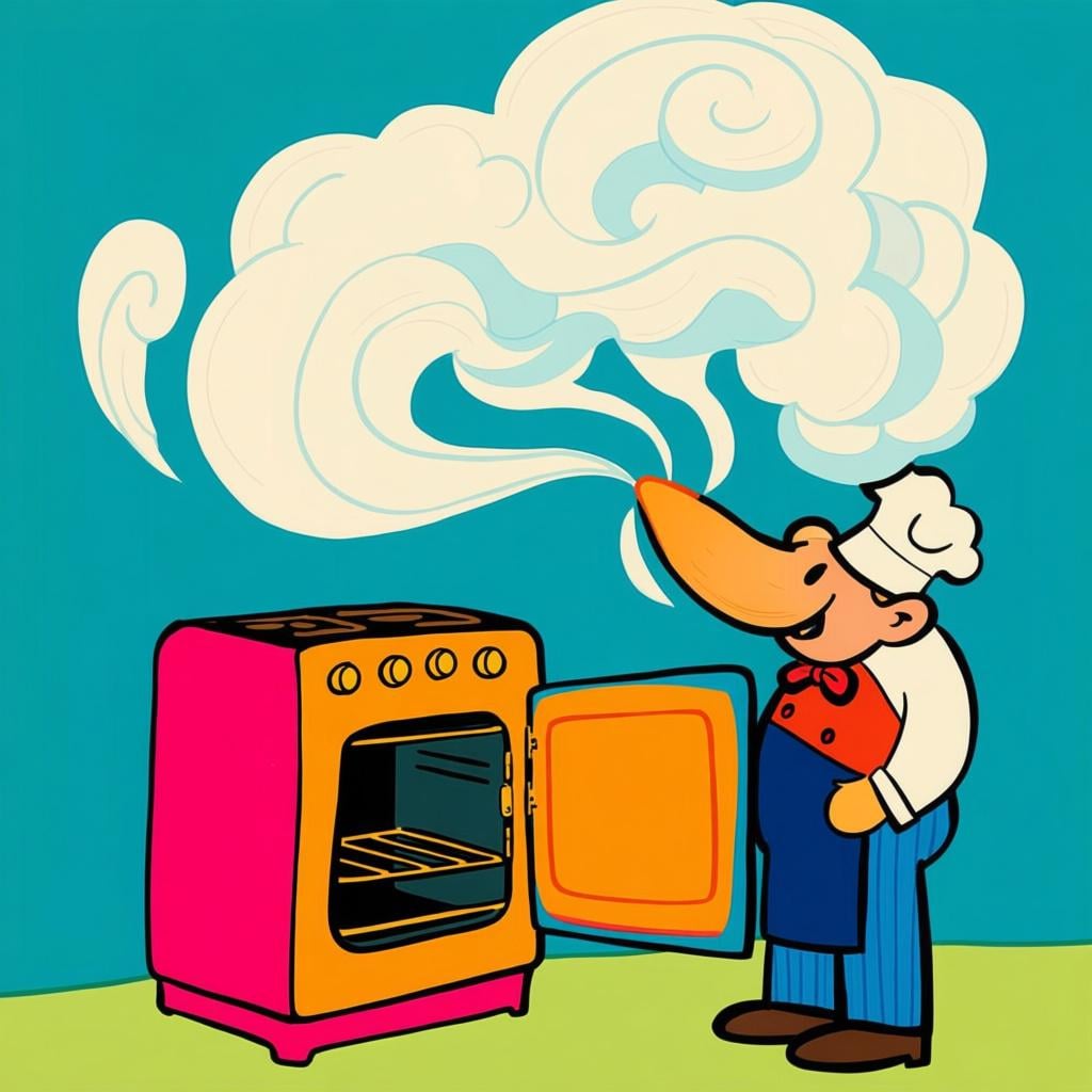 A cartoon chef stands happily next to a colorful oven from which a large, visible cloud of steam and a delicious aroma are rising, symbolizing that the contents are about to be ready.