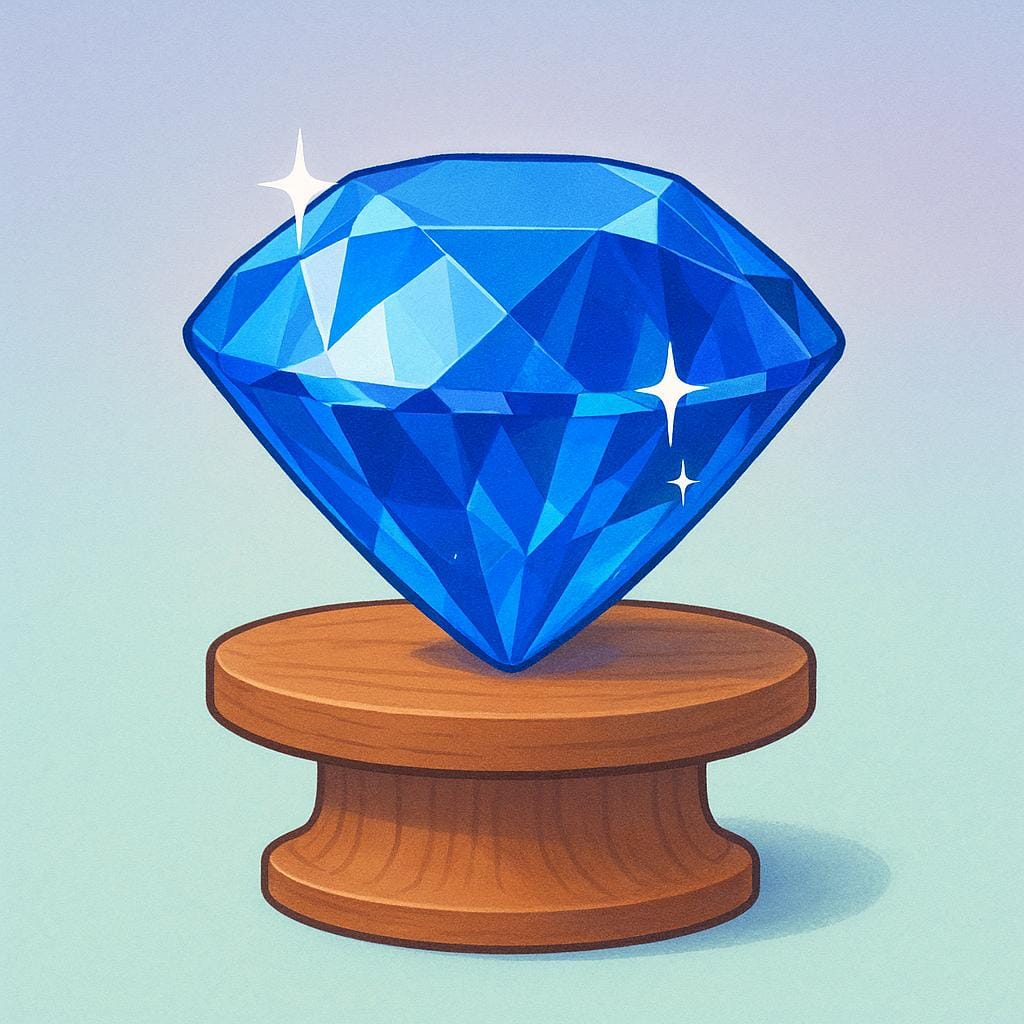 A large, brightly shining blue sapphire gemstone sitting prominently on a simple wooden pedestal, representing a feature that draws interest.