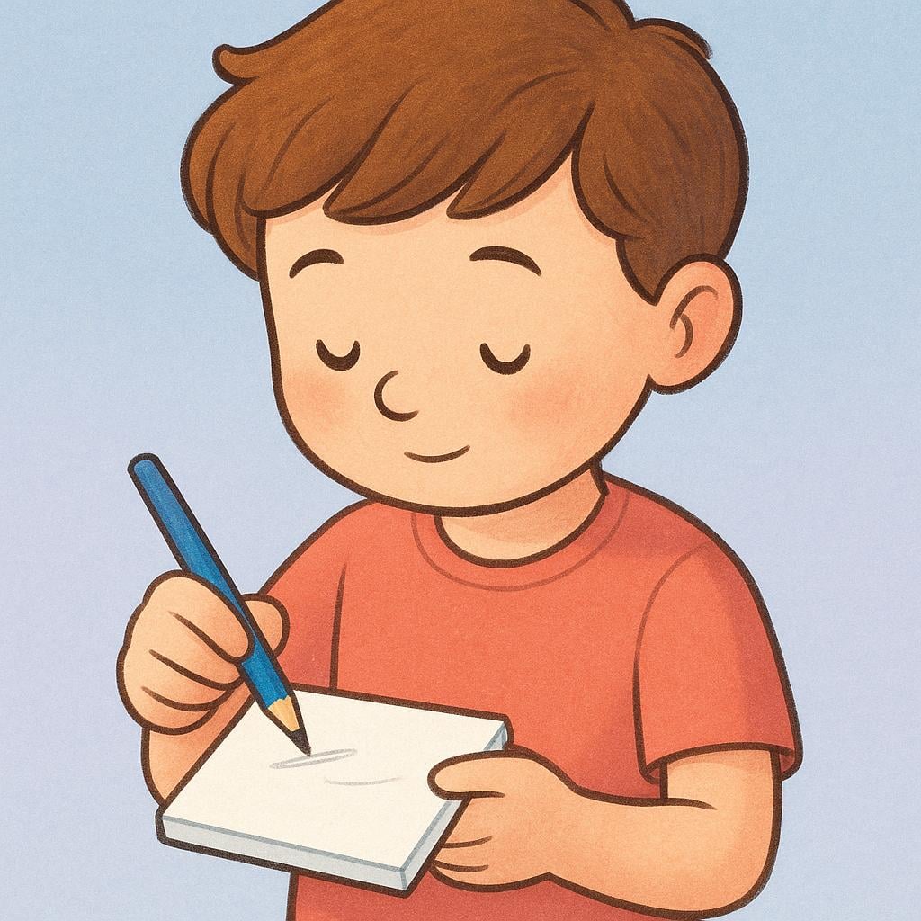 A simplified illustration of a person holding a blue pencil and actively sketching on a small pad of paper.