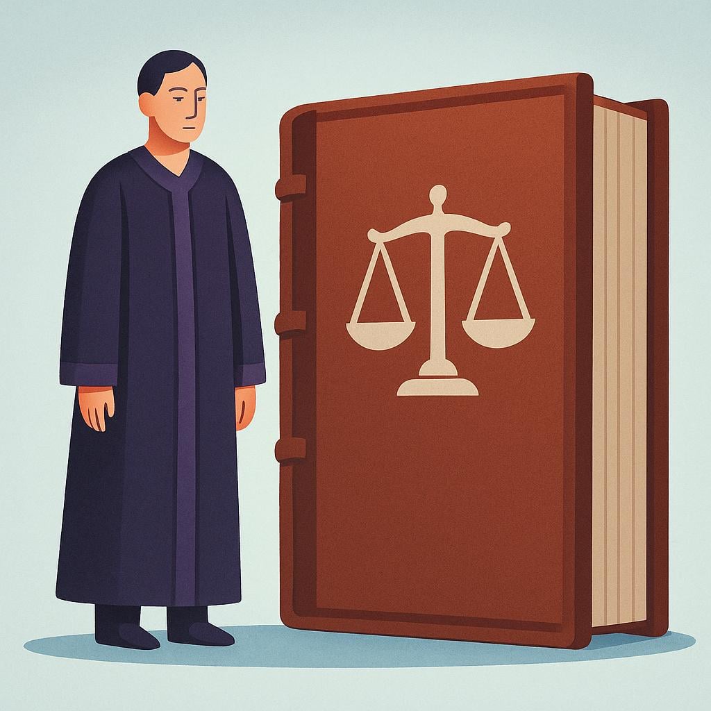 A serious figure wearing a formal robe standing next to a massive, closed law book, symbolizing a system of rules.