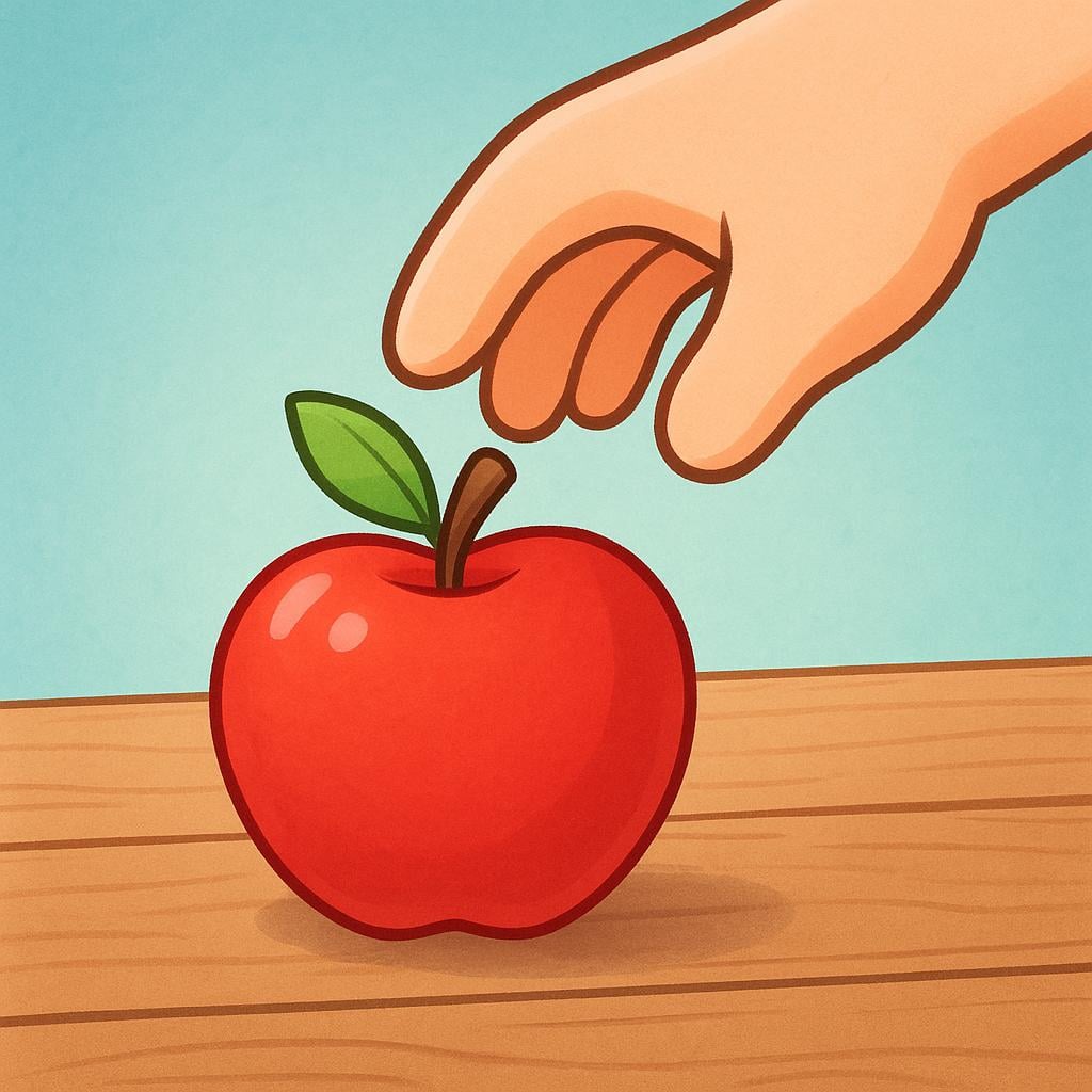 A simplified storybook illustration showing a person's hand reaching down and grasping a single red apple resting on a wooden table, illustrating the action of taking something.