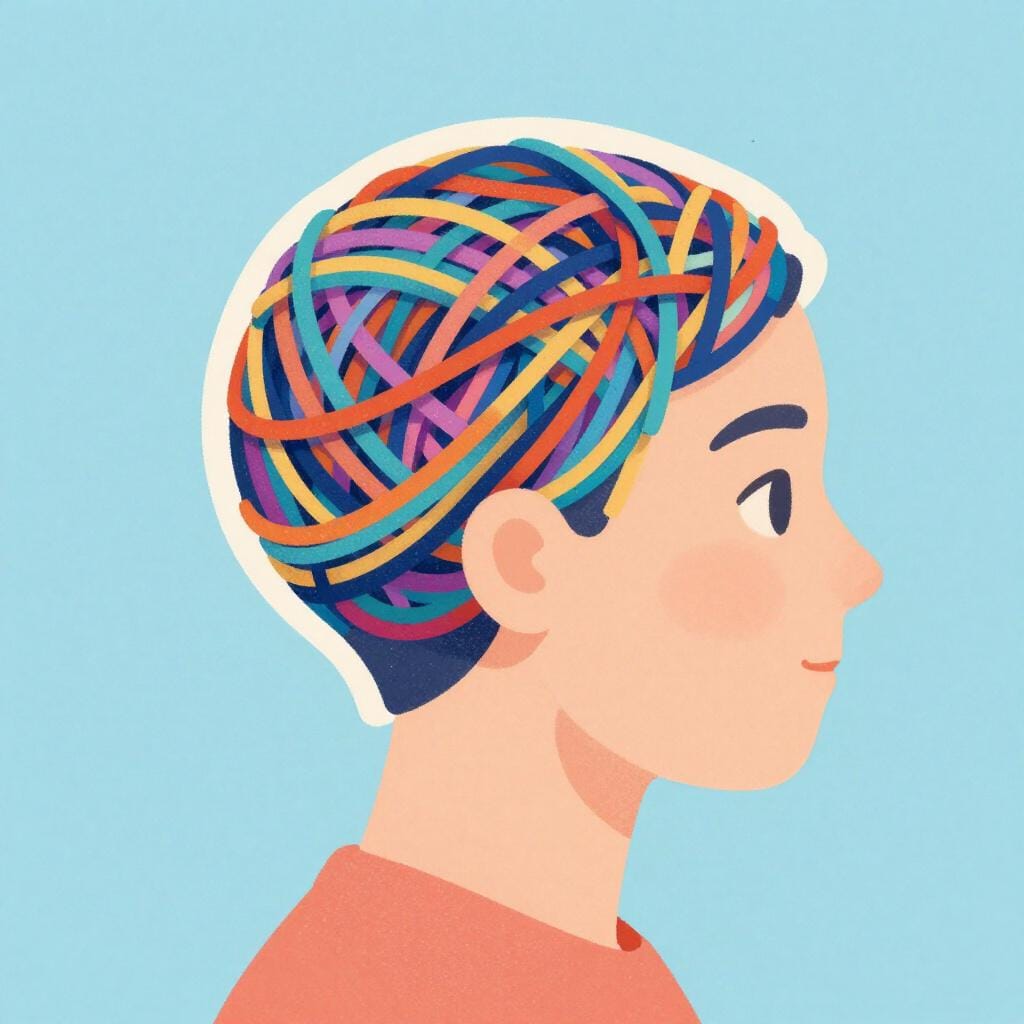 Uma ilustração colorida da cabeça de uma pessoa com fios de lã emaranhados e multicoloridos dentro, em vez de um cérebro, representando um transtorno psicológico.