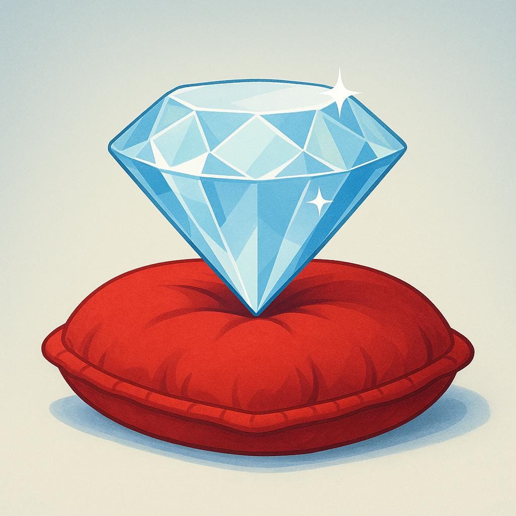 A single, large, perfectly cut, sparkling diamond resting on a red velvet cushion, symbolizing worth or importance.