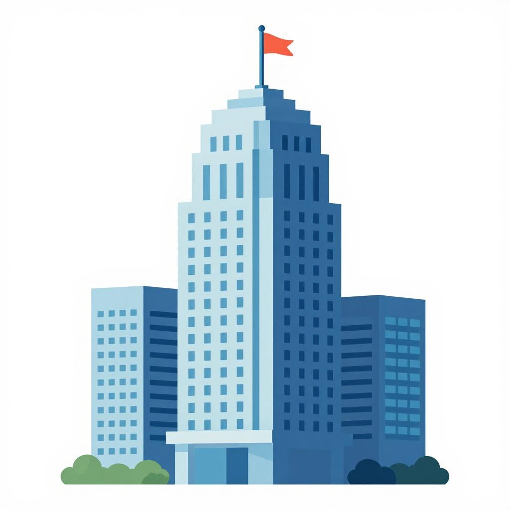 A tall, modern office building standing prominently among smaller structures.