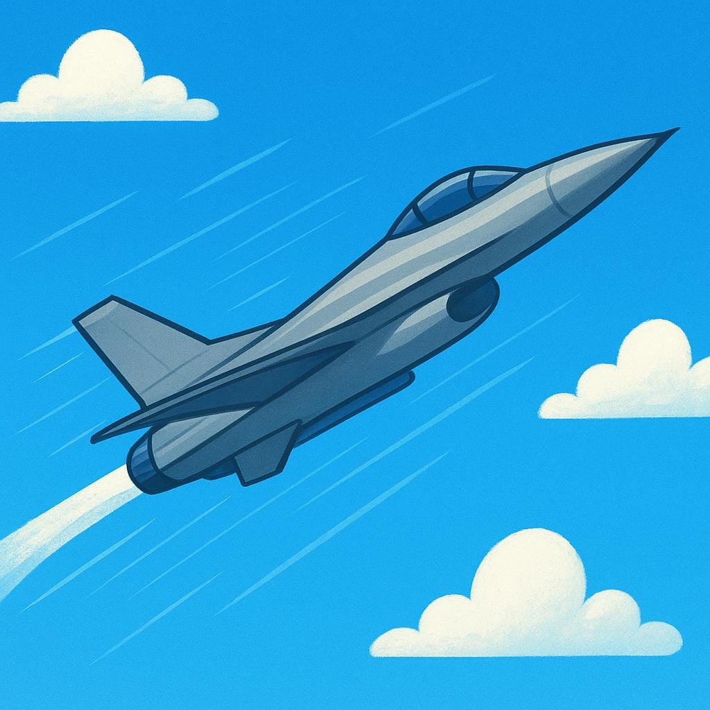 A sleek, gray military fighter jet soaring rapidly through a bright blue sky, leaving a white contrail.