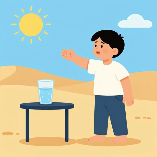 Een dorstige reiziger in een woestijn die naar een glas helder water reikt.