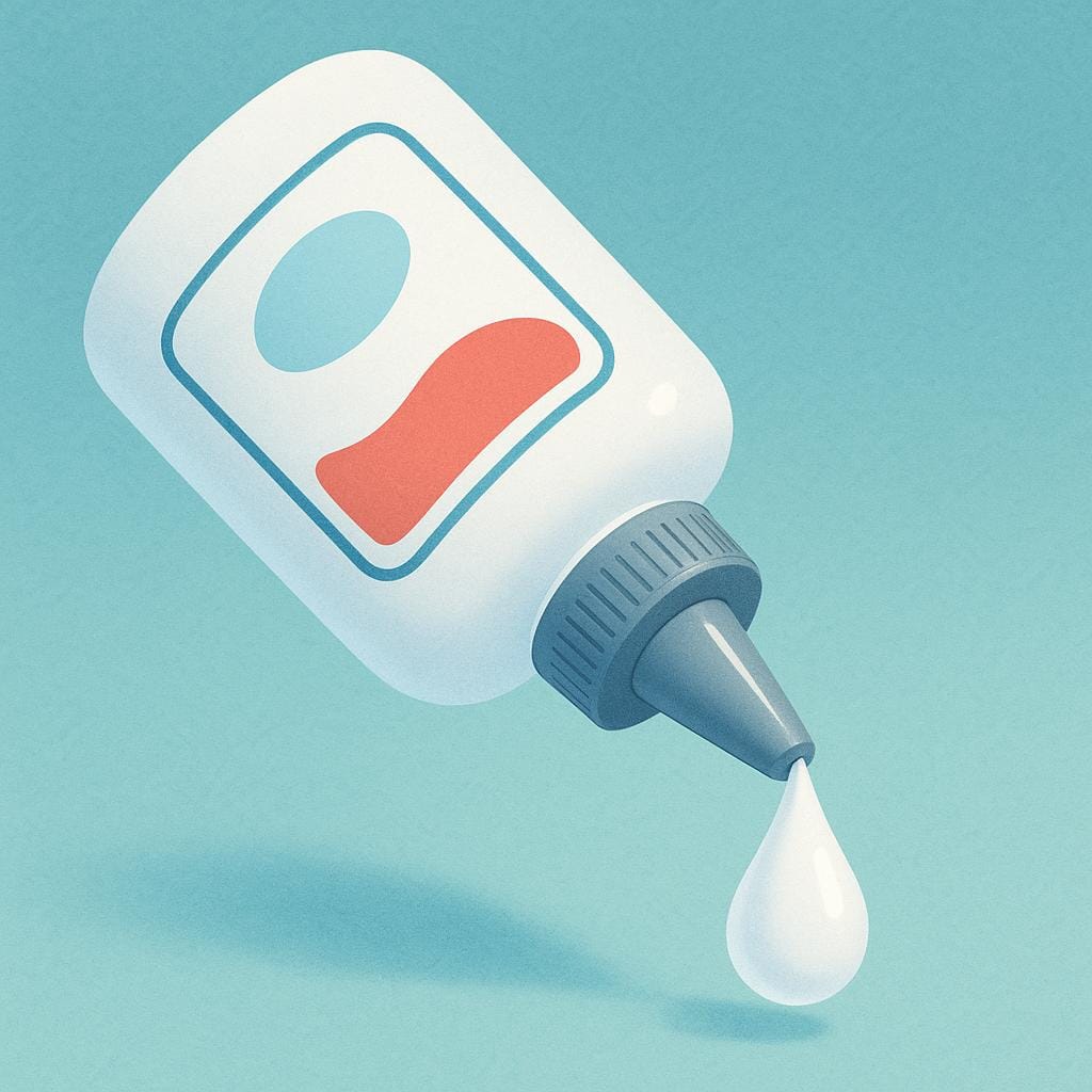 A simple, open bottle of white liquid adhesive glue, with a large drop hanging from the nozzle, ready to fall.