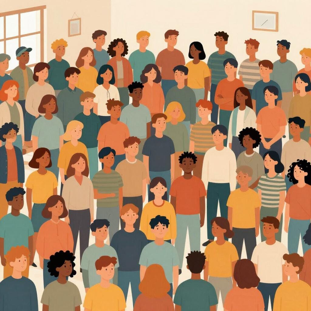 Un'illustrazione colorata di una piccola stanza piena di molte persone felici che stanno vicine.