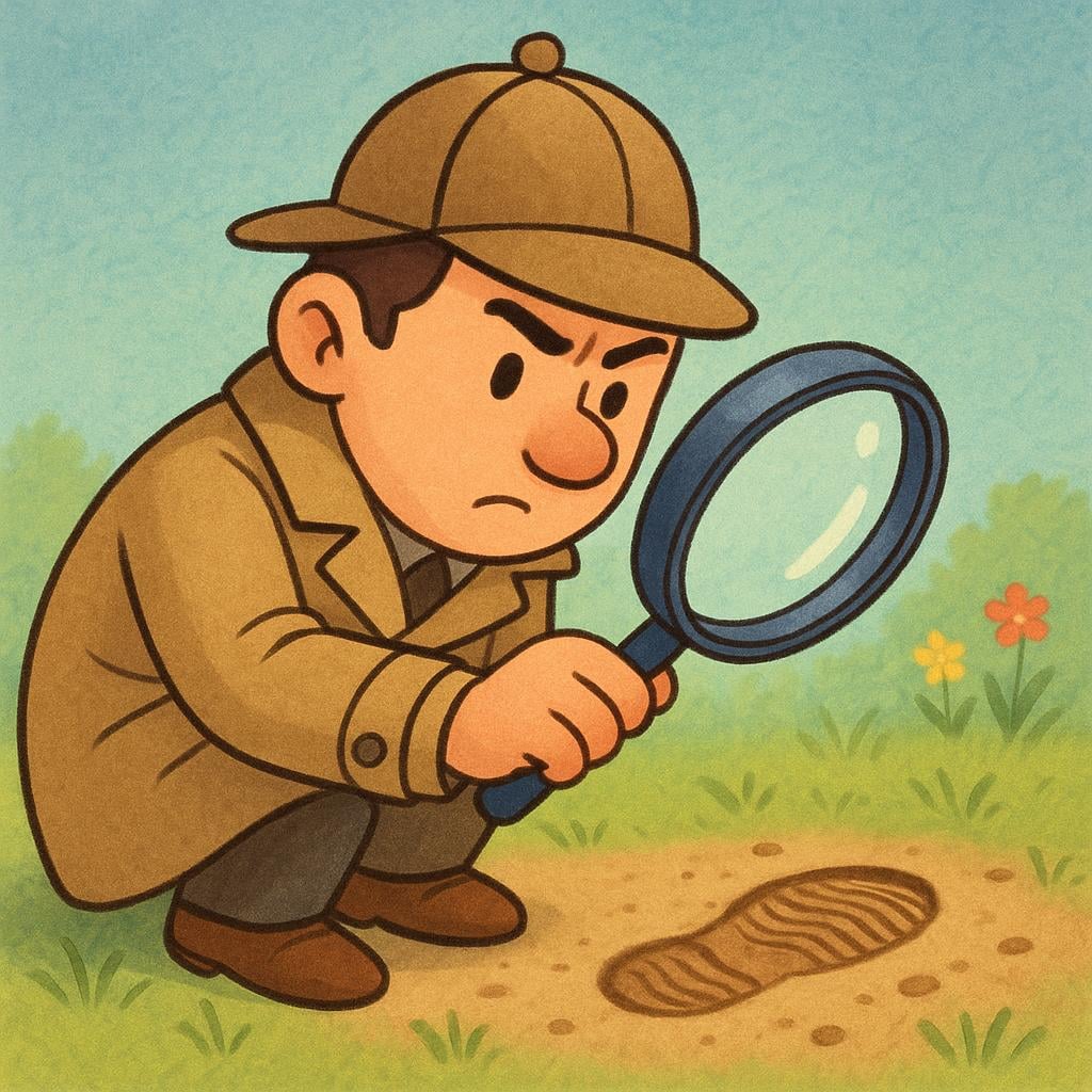 A cartoon detective wearing a trench coat and hat, holding a magnifying glass and looking intensely at a single, isolated footprint in the dirt, depicting the act of suspecting.