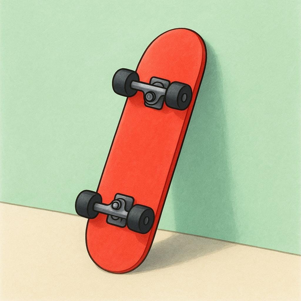 Eine Nahaufnahme einer leuchtend roten Skateboard, das an einer Wand lehnt und eine typische jugendliche Aktivität oder ein Interesse darstellt.
