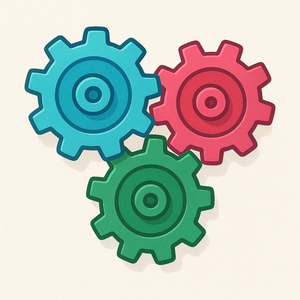 A simplistic illustration showing three large, brightly colored gears interlocking and moving together, representing a functional system.