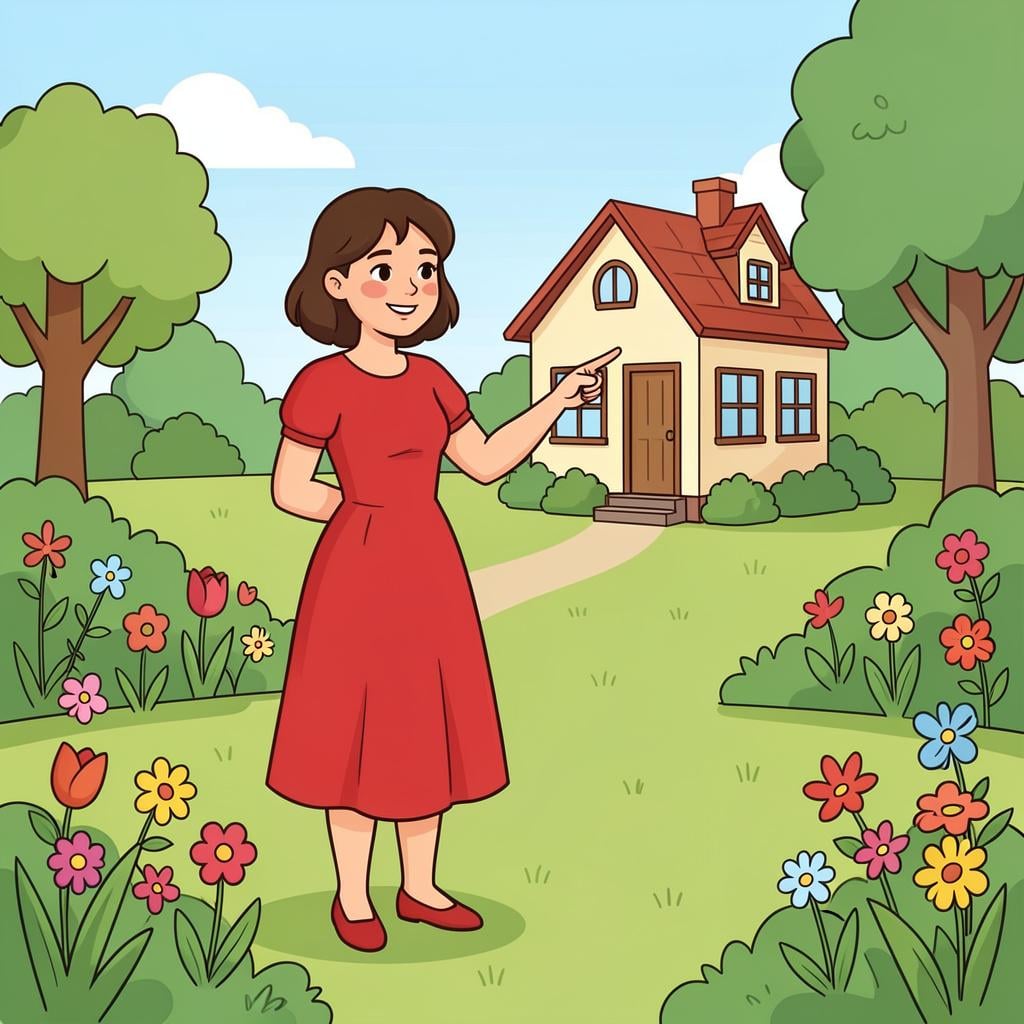 庭に立っている女性が、以前言及された家を指差している。