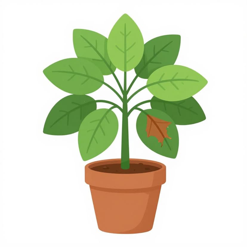 A vibrant green plant with one wilted, brown leaf showing damage.